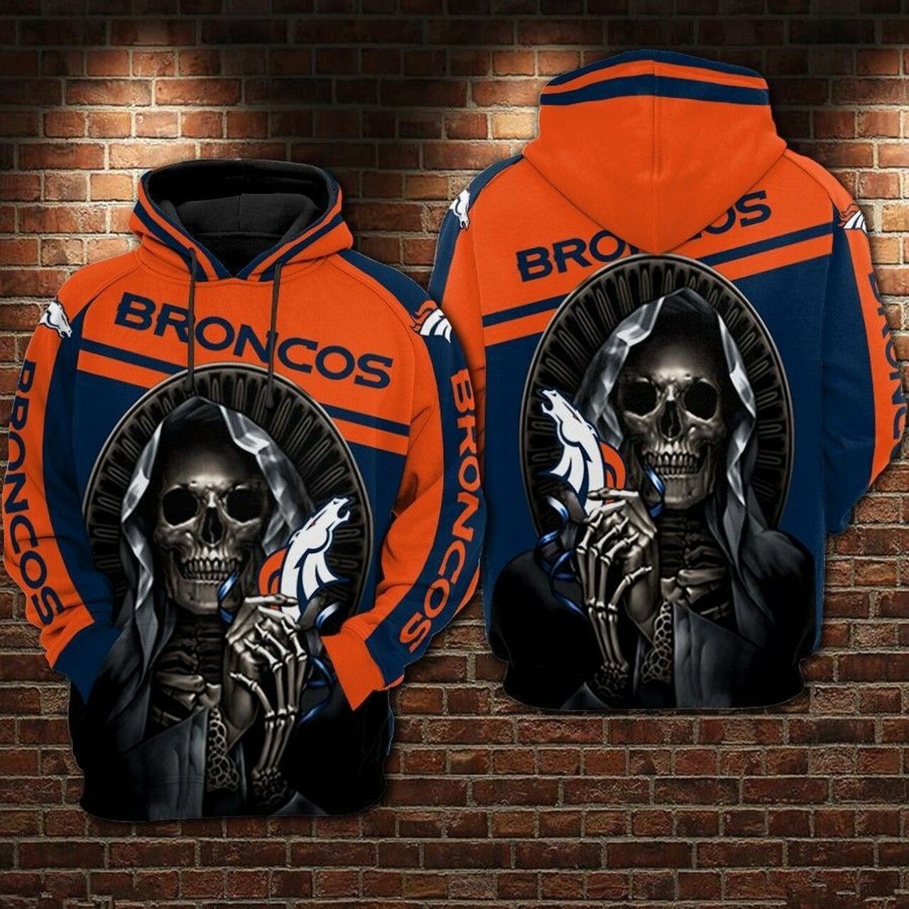 Denver Broncos Nfl Football Skull Blue AOP Hoodie Zip Hoodie PH2765