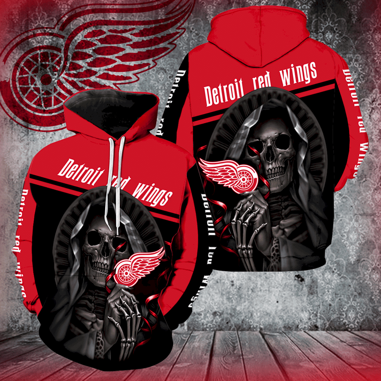 Detroit Red Wings Skull Red Black AOP Hoodie Zip Hoodie PH2564