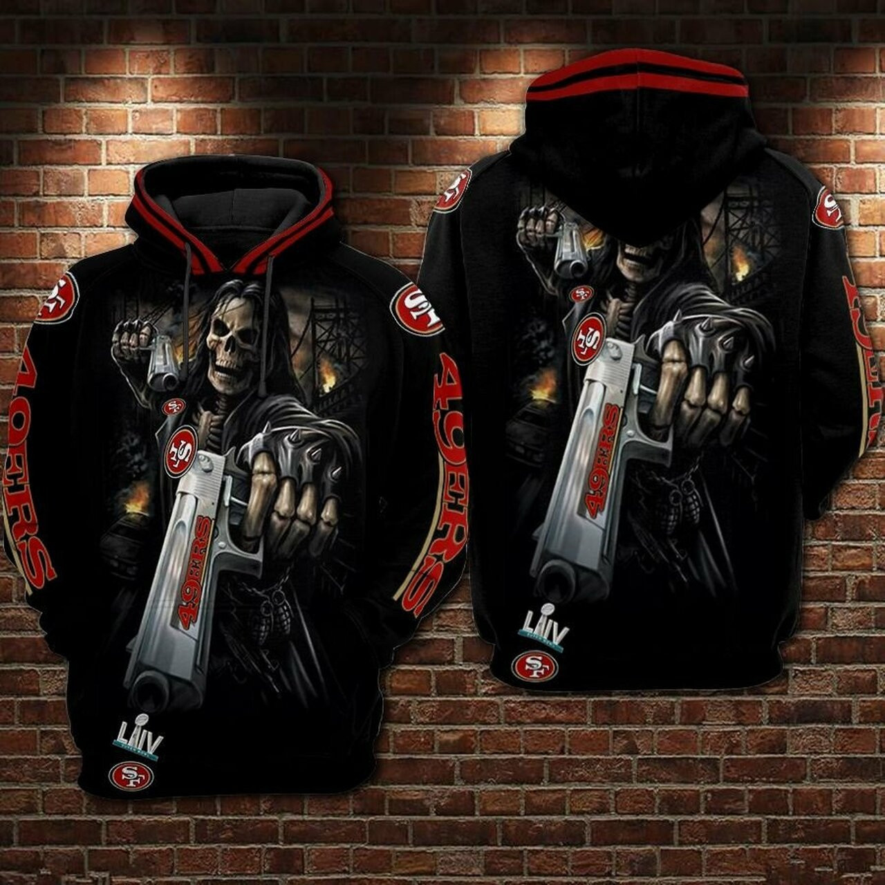 Esty Death Skull Gun San Francisco 49Ers Super Bowl Black AOP Hoodie Zip Hoodie PH2438