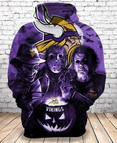 Freddy Jason Michael Myers Loves Minnesota Vikings Pumpkin Head Halloween   Hoodie 3D TR4475