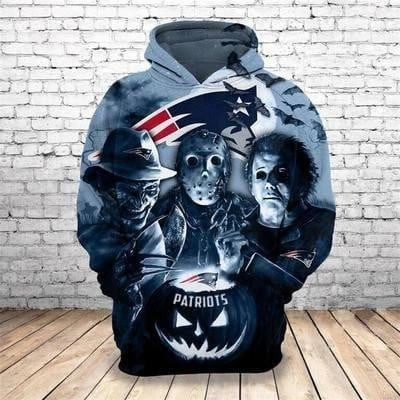 Freddy Jason Michael Myers Loves New England Patriots Pumpkin Head Halloween   Hoodie 3D Blue