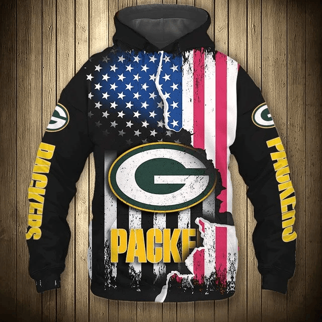 Green Bay Packers American Flag Printed 3D Hoodie