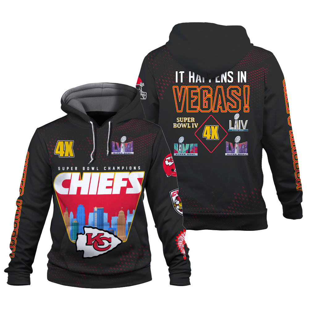 Kansas City Chiefs NFL It Happens In Vegas 4X Super Bowl LVIII Champions Chiefs Kingdom 3D Printed Pullover Hoodie