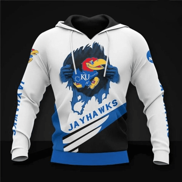 Kansas Jayhawks NCAA White Mix With Blue And Black 3D Printed Hoodie