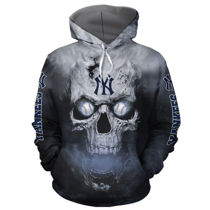 New York Yankees Skull Pullover And Zippered Hoodies Custom 3D Grey AOP Hoodie Zip Hoodie HT119