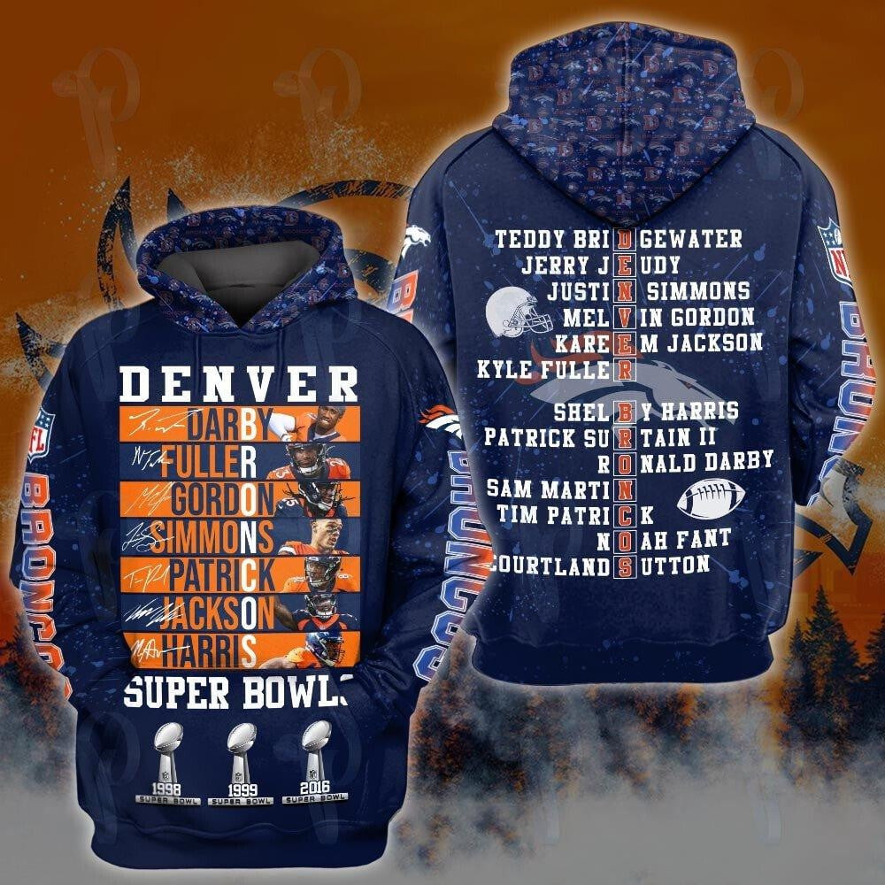 NFL Denver Broncos Super Bowls 3D Hoodie, Zip Hoodie, Sweatshirt TR3419