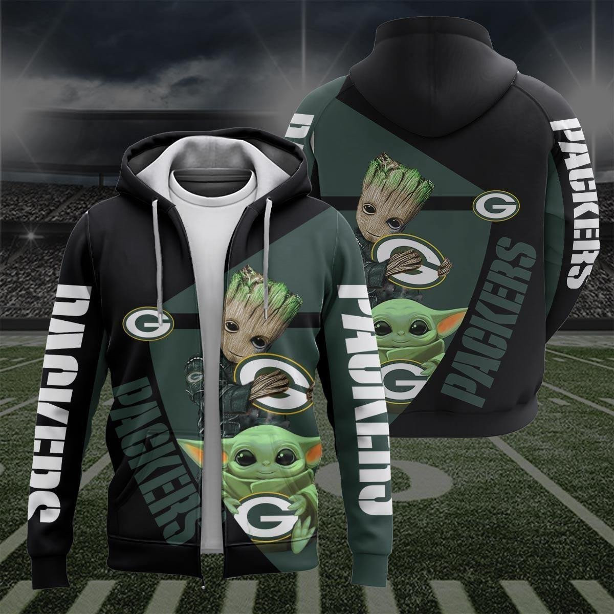 NFL Green Bay Packers Groot And Baby Yoda 3D Hoodie, Zip Hoodie, Sweatshirt TR3426