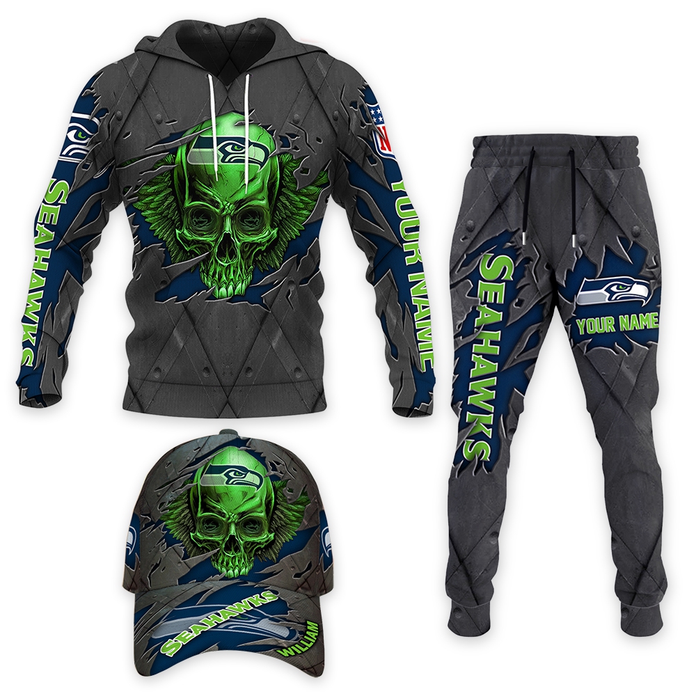 Seattle Seahawks Personalized NFL Skull Big Logo Set 2002 Hoodie 3D, Custom Full print Hoodie