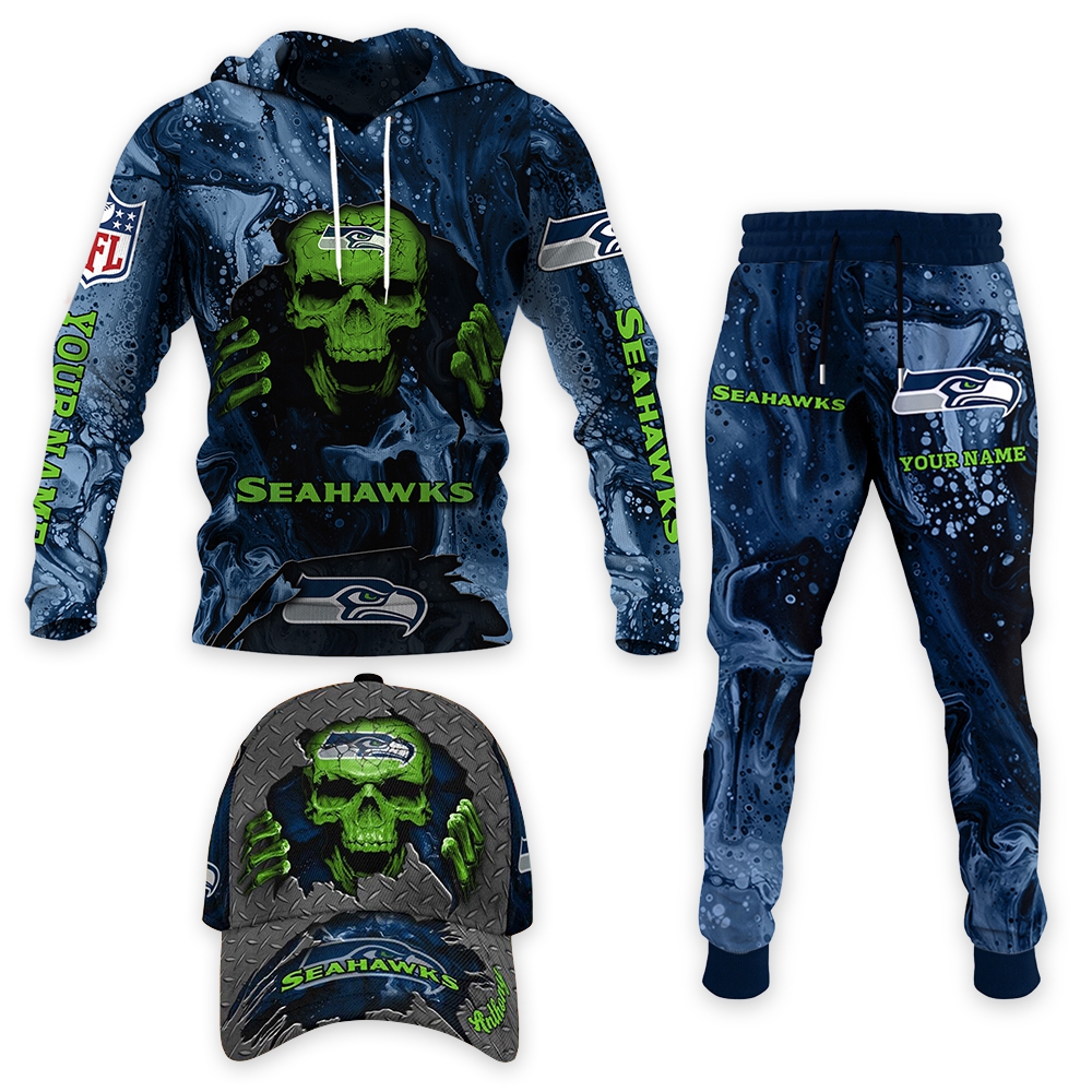 Seattle Seahawks Personalized NFL Skull Set 1702 Hoodie 3D, Custom Full print Hoodie